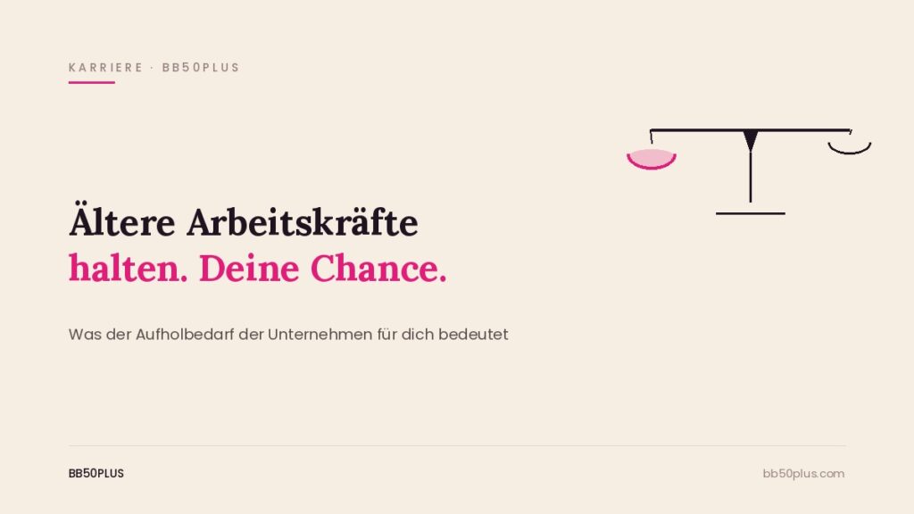 Minimalistische Grafik mit Waage-Symbol als Sinnbild für Verhandlungsposition und Wert älterer Arbeitskräfte